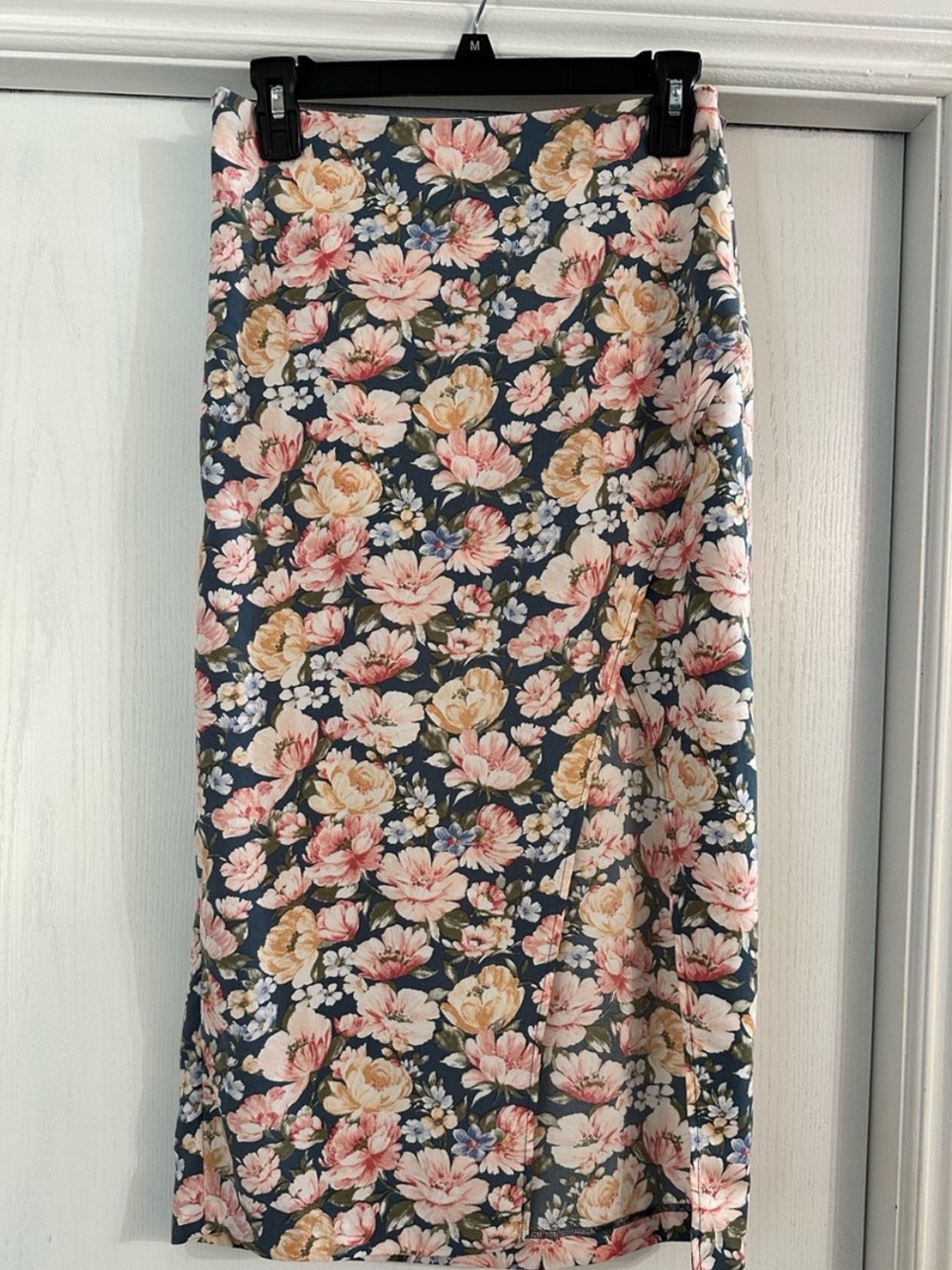 Abercrombie & Fitch Navy Floral Midi Skirt with Pink and Cream Blooms